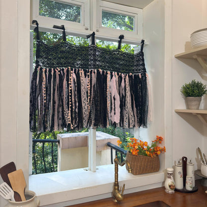 Black & Pink Gothic Boho Tie - Top Window Privacy Curtain - UDreamHome
