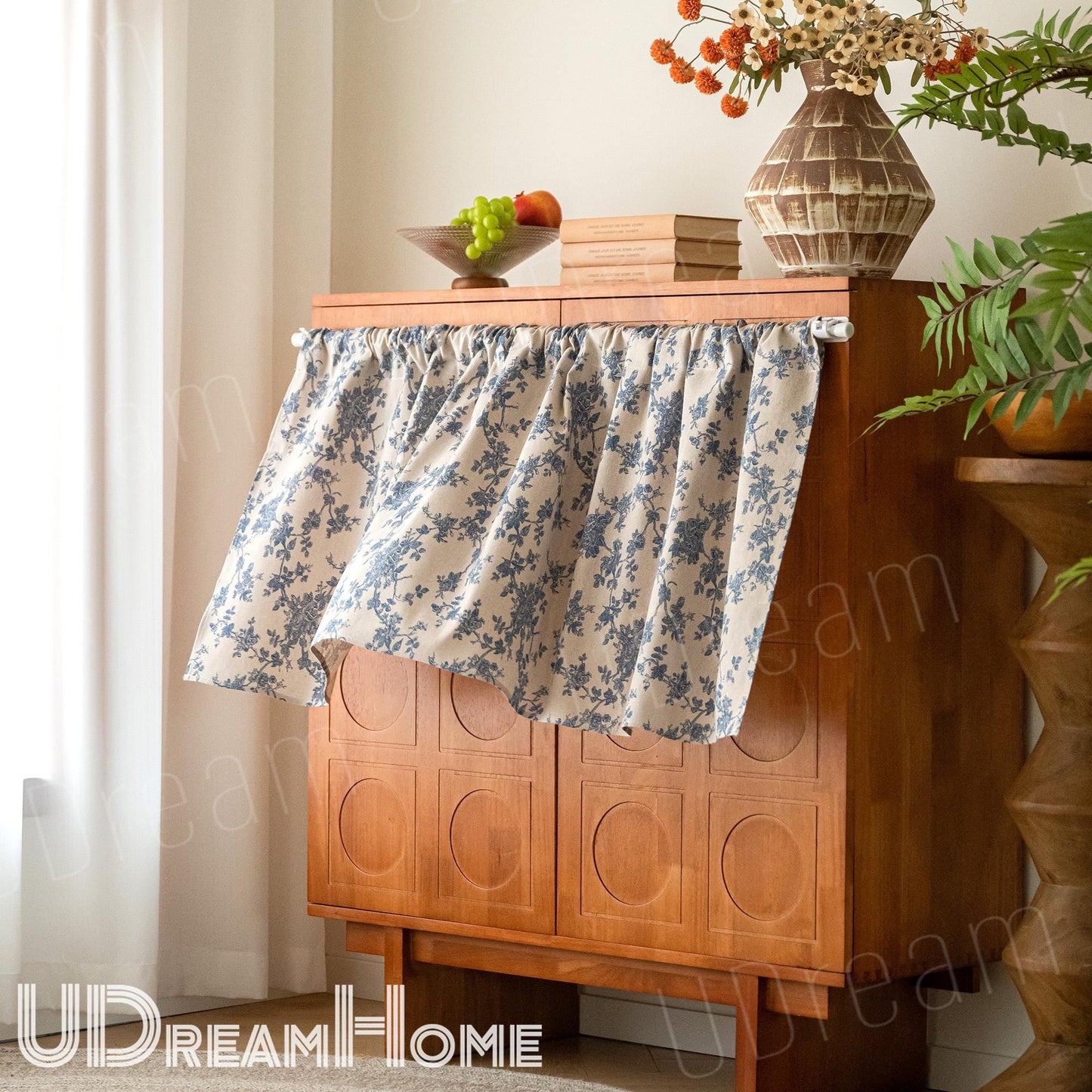 Blue Roses Flowers Vines Cabinet Curtains - UDreamHome