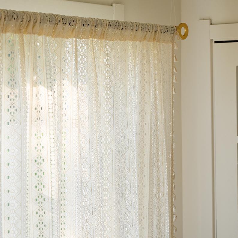 Boho Beige Crochet Lace Flower Curtains - UDreamHome