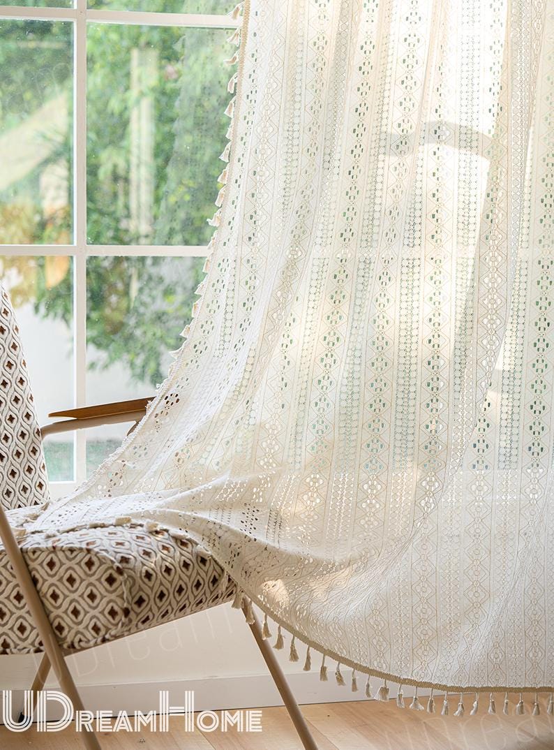Boho Beige Crochet Lace Flower Curtains - UDreamHome