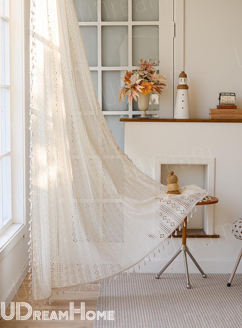 Boho Beige Crochet Lace Flower Curtains - UDreamHome