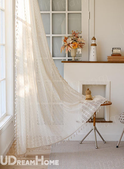 Boho Beige Crochet Lace Flower Curtains - UDreamHome