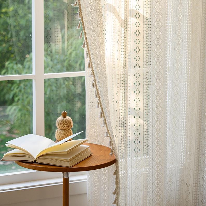 Boho Beige Crochet Lace Flower Curtains - UDreamHome