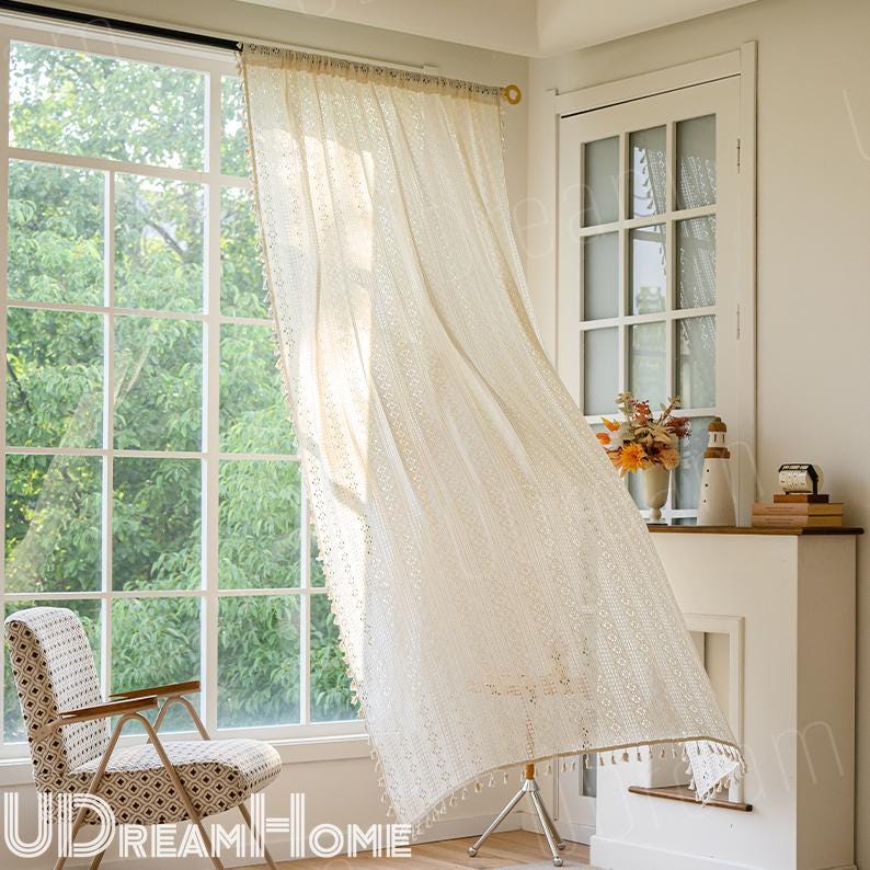 Boho Beige Crochet Lace Flower Curtains - UDreamHome