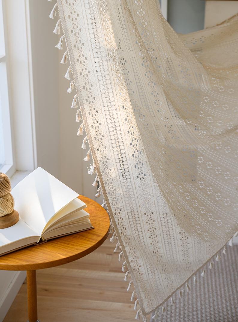 Boho Beige Crochet Lace Flower Curtains - UDreamHome