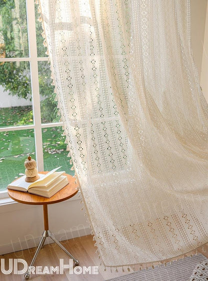 Boho Beige Crochet Lace Flower Curtains - UDreamHome