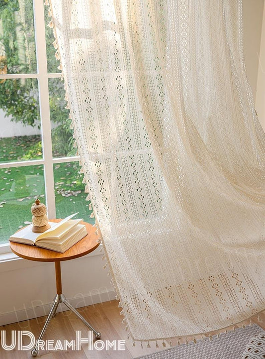 Boho Beige Crochet Lace Flower Curtains - UDreamHome