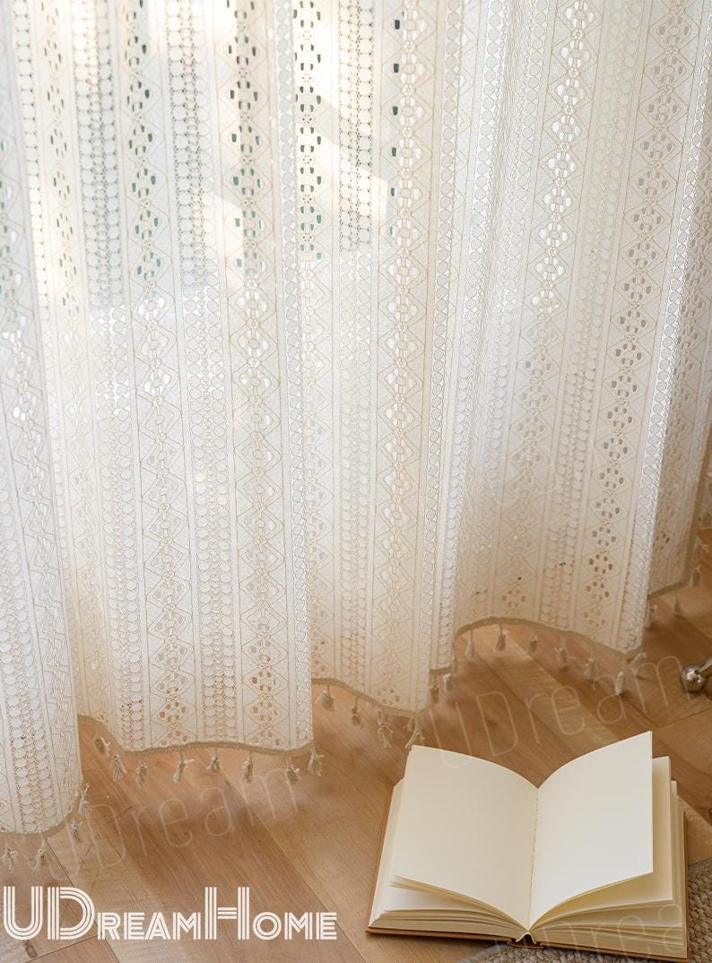 Boho Beige Crochet Lace Flower Curtains - UDreamHome