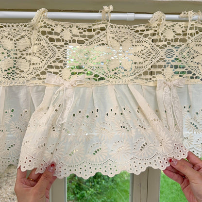 Boho Crochet Header & Ruffled Lace Tie-Top Valance - UDreamHome