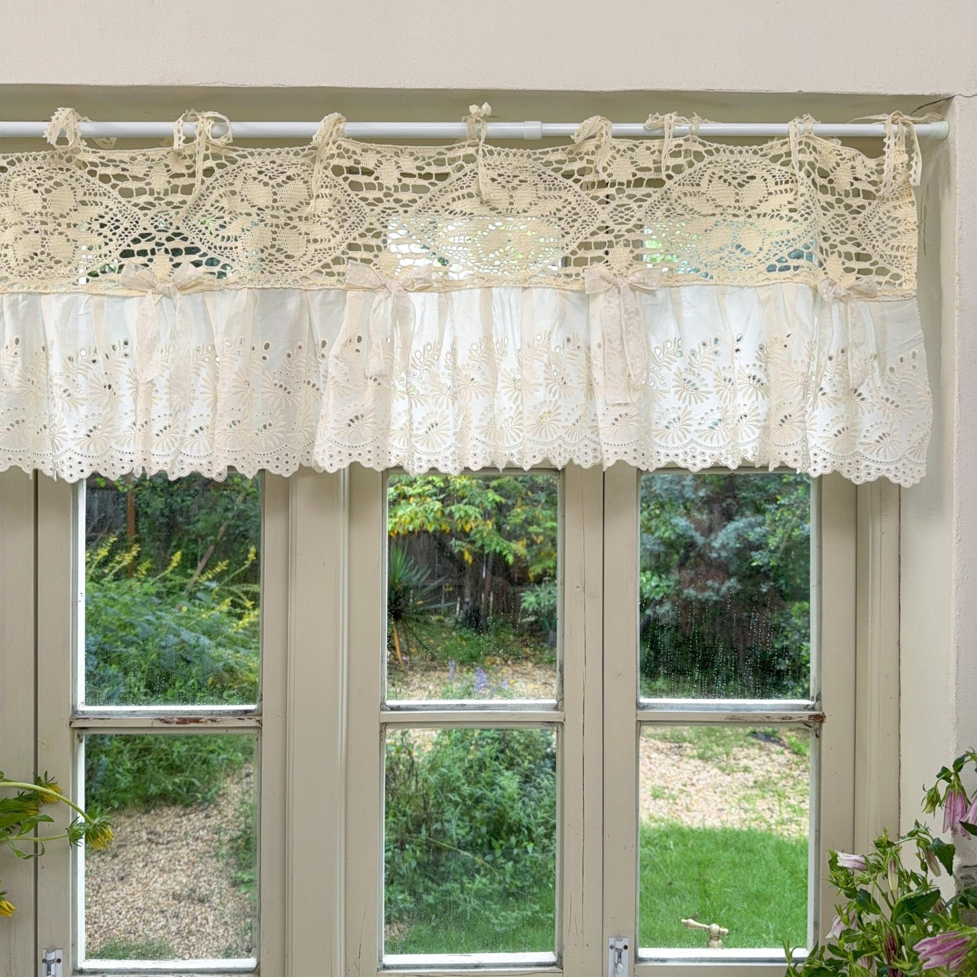 Boho Crochet Header & Ruffled Lace Tie-Top Valance - UDreamHome