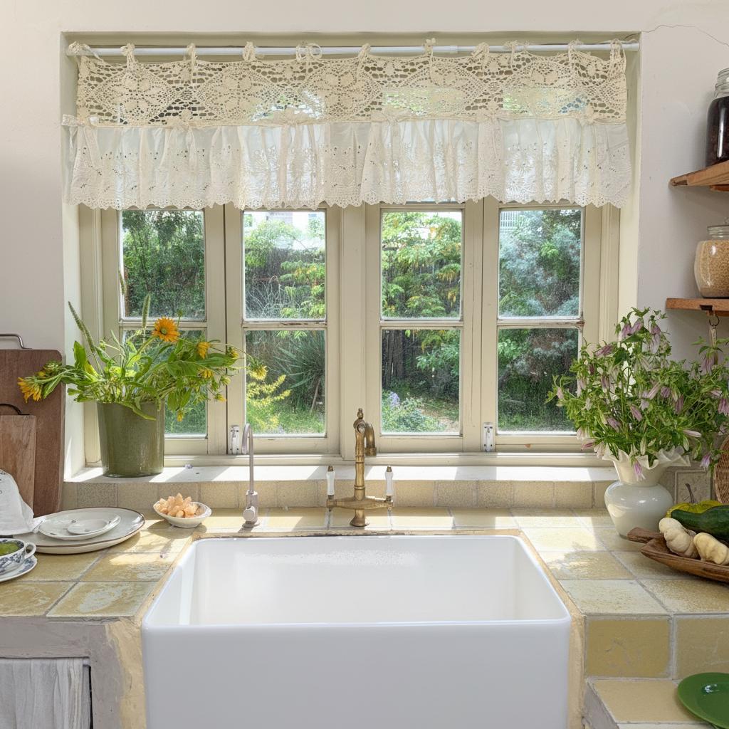 Boho Crochet Header & Ruffled Lace Tie-Top Valance - UDreamHome