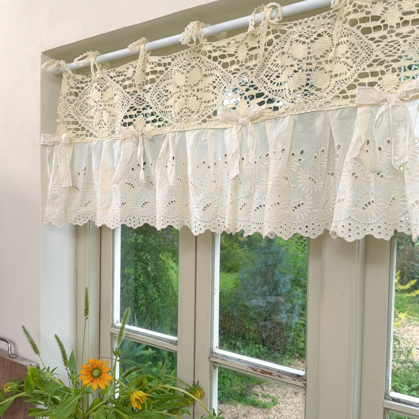 Boho Crochet Header & Ruffled Lace Tie-Top Valance - UDreamHome
