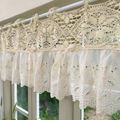 Boho Crochet Header & Ruffled Lace Tie-Top Valance - UDreamHome