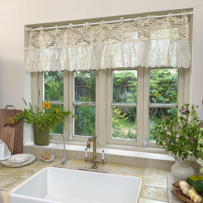 Boho Crochet Header & Ruffled Lace Tie-Top Valance - UDreamHome