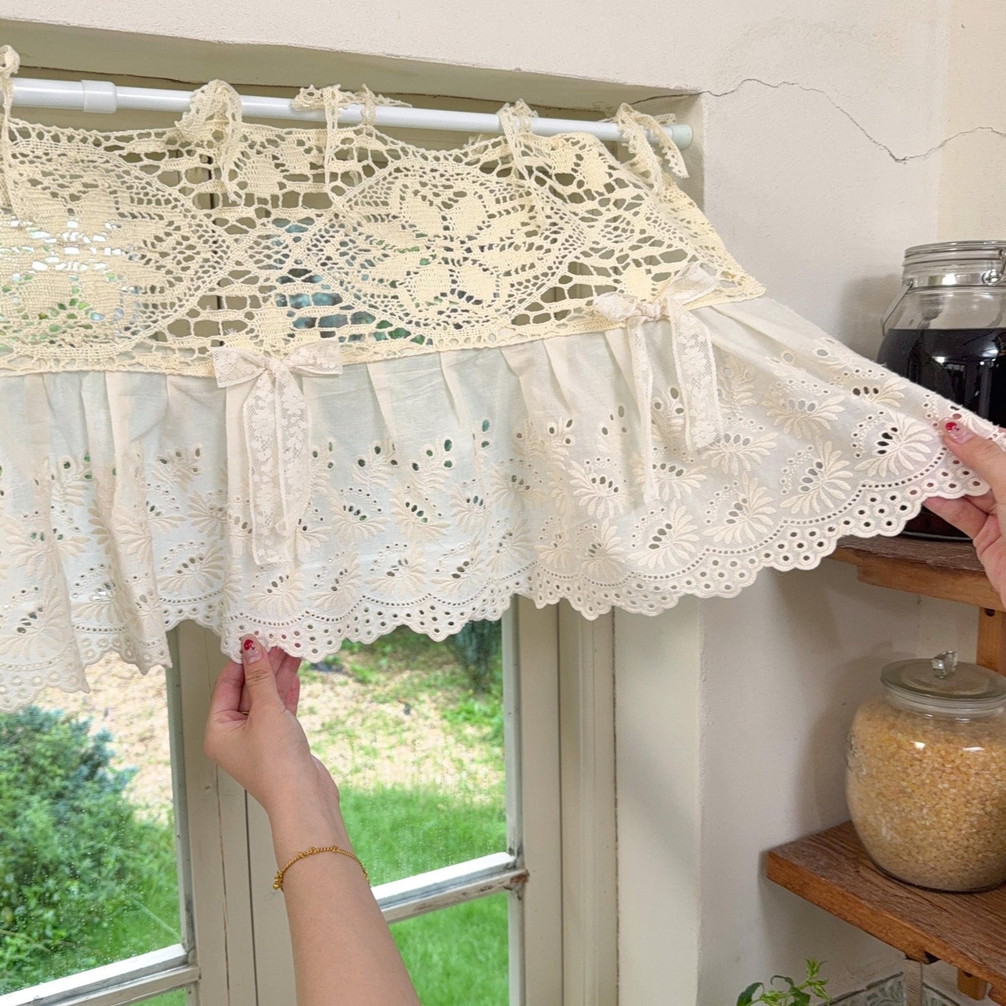 Boho Crochet Header & Ruffled Lace Tie-Top Valance - UDreamHome