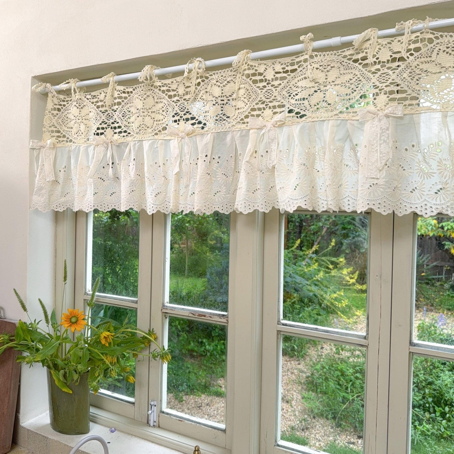 Boho Crochet Header & Ruffled Lace Tie-Top Valance - UDreamHome