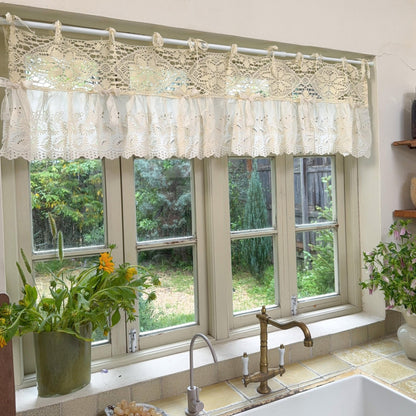 Boho Crochet Header & Ruffled Lace Tie-Top Valance - UDreamHome