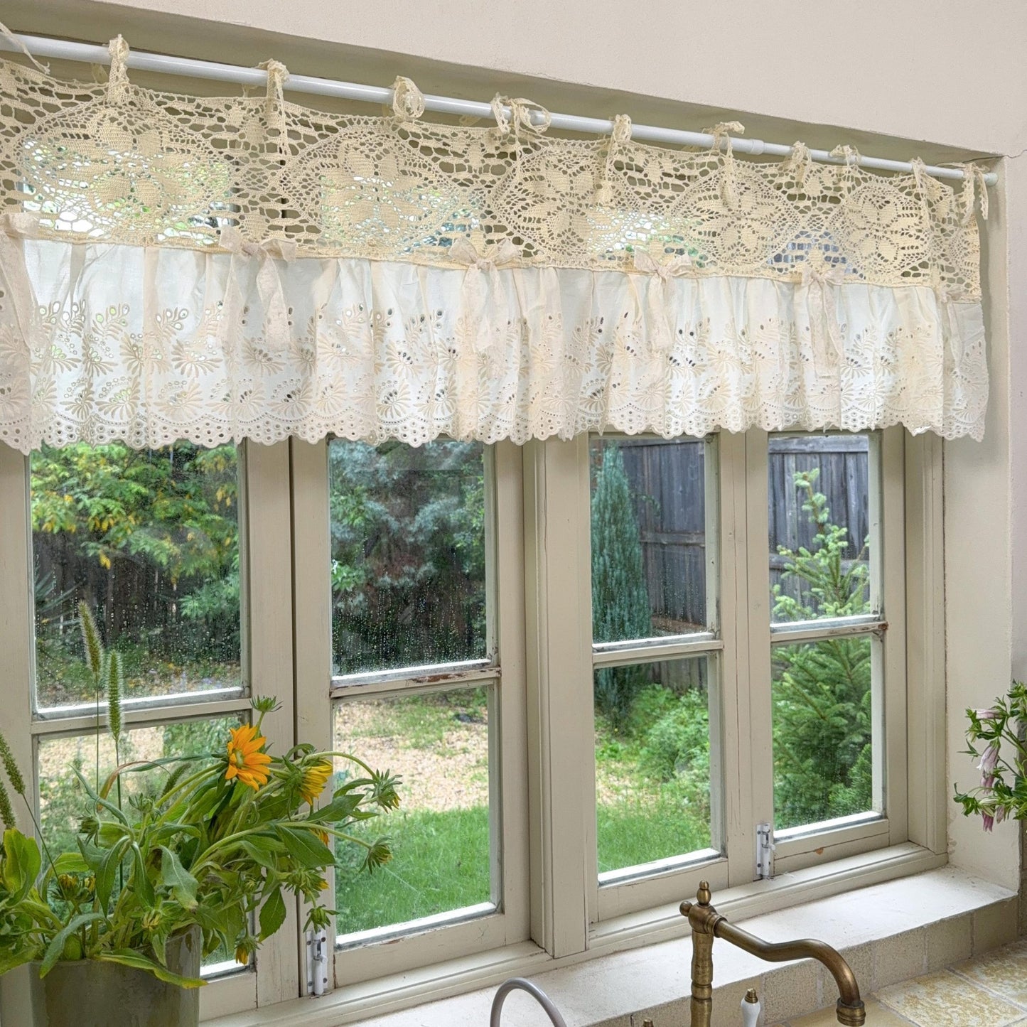 Boho Crochet Header & Ruffled Lace Tie-Top Valance - UDreamHome