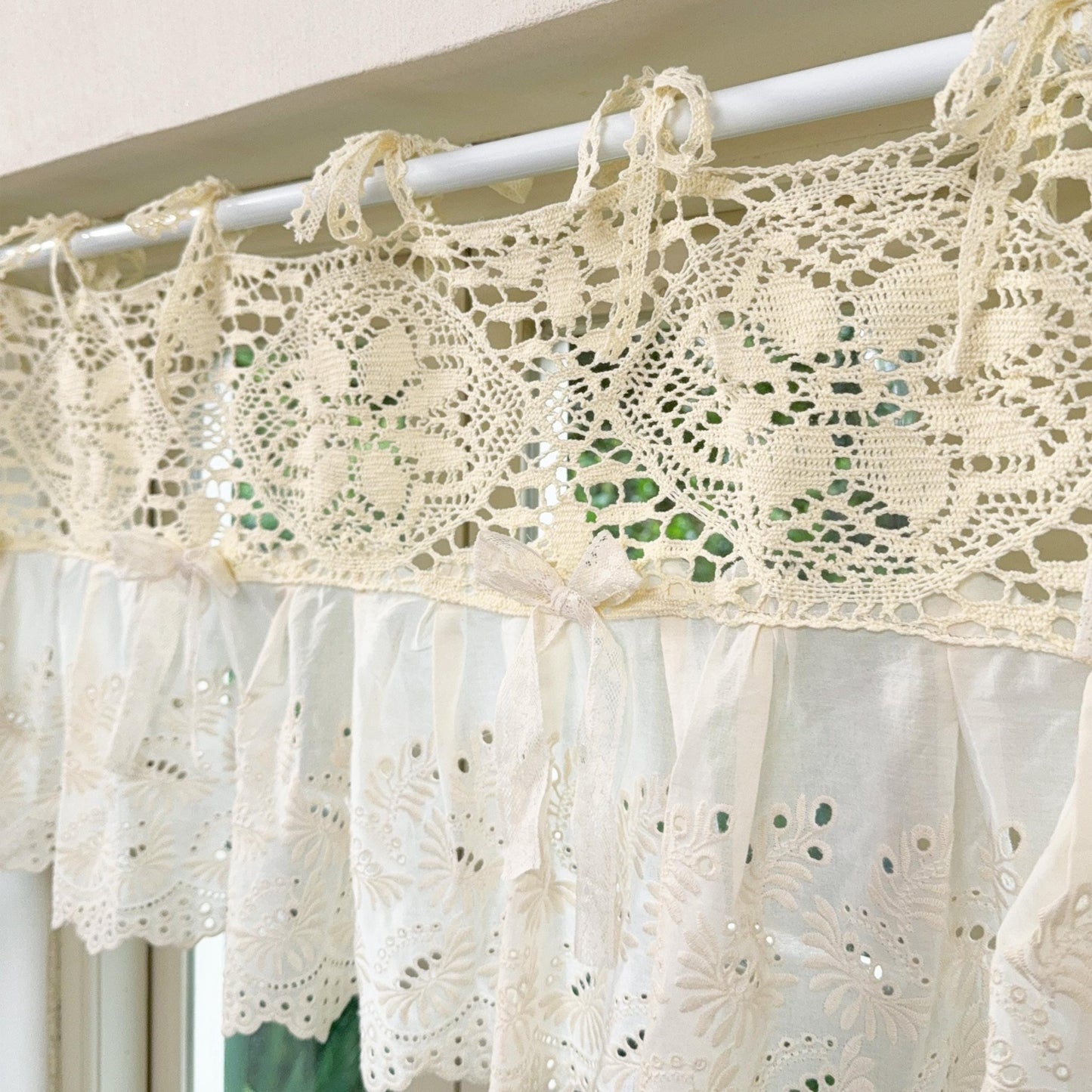 Boho Crochet Header & Ruffled Lace Tie-Top Valance - UDreamHome