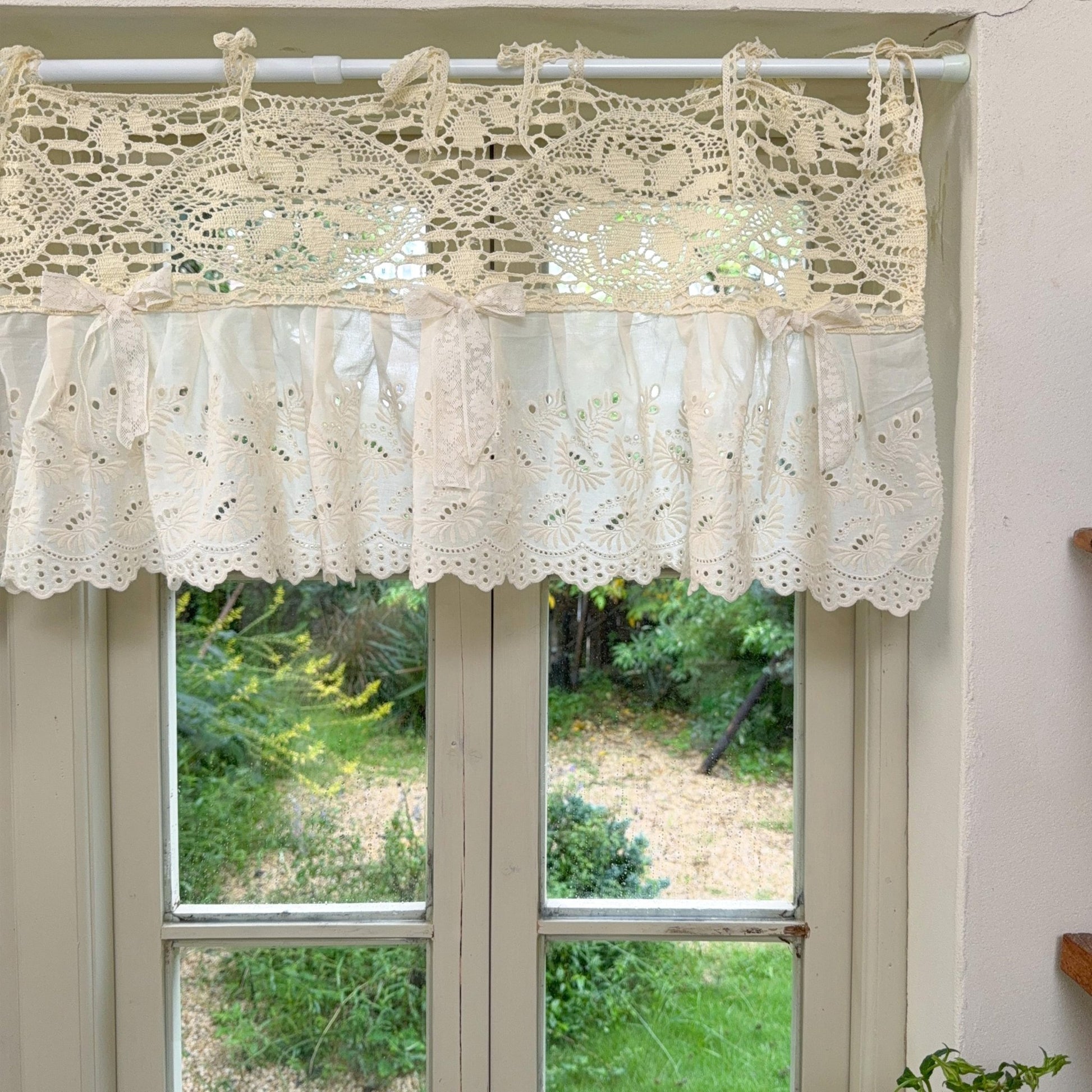 Boho Crochet Header & Ruffled Lace Tie-Top Valance - UDreamHome