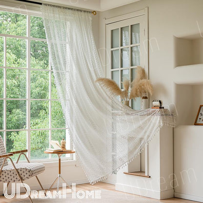 Boho White Romantic Hollow Crochet Curtains whit Tassel - UDreamHome