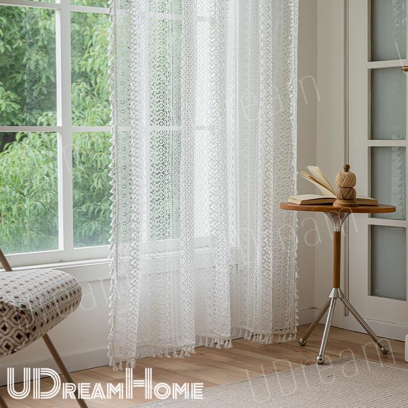 Boho White Romantic Hollow Crochet Curtains whit Tassel - UDreamHome