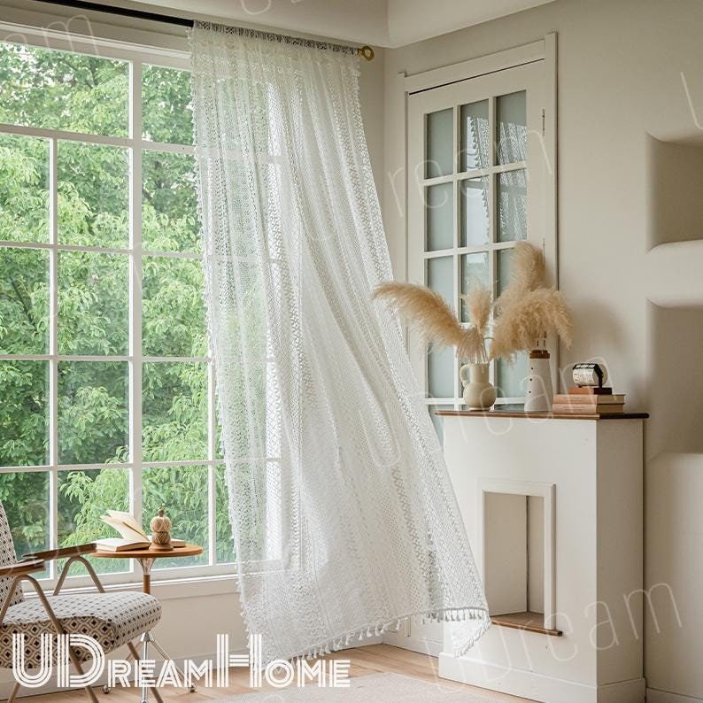 Boho White Romantic Hollow Crochet Curtains whit Tassel - UDreamHome