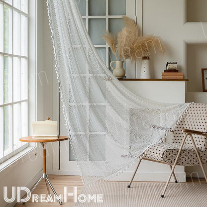 Boho White Romantic Hollow Crochet Curtains whit Tassel - UDreamHome