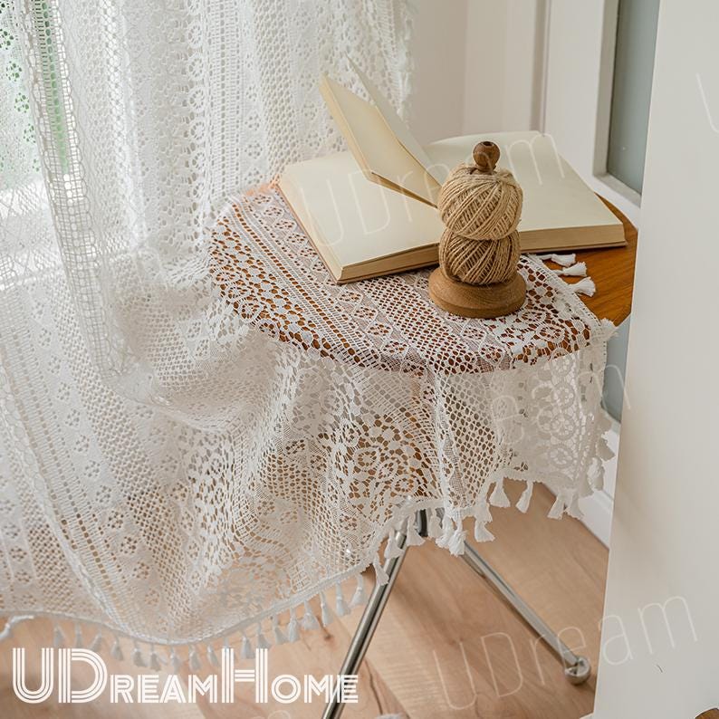 Boho White Romantic Hollow Crochet Curtains whit Tassel - UDreamHome