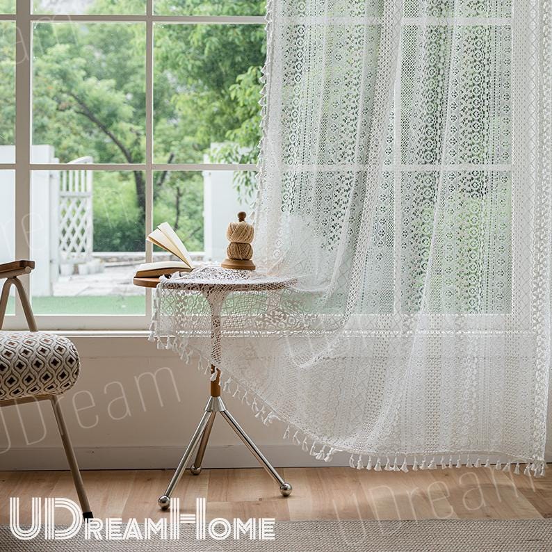 Boho White Romantic Hollow Crochet Curtains whit Tassel - UDreamHome