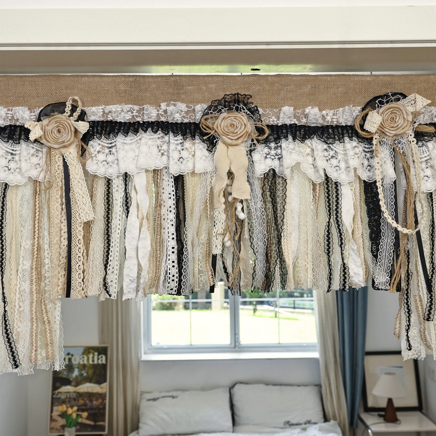 Burlap Black Lace Swag Valance - UDreamHome