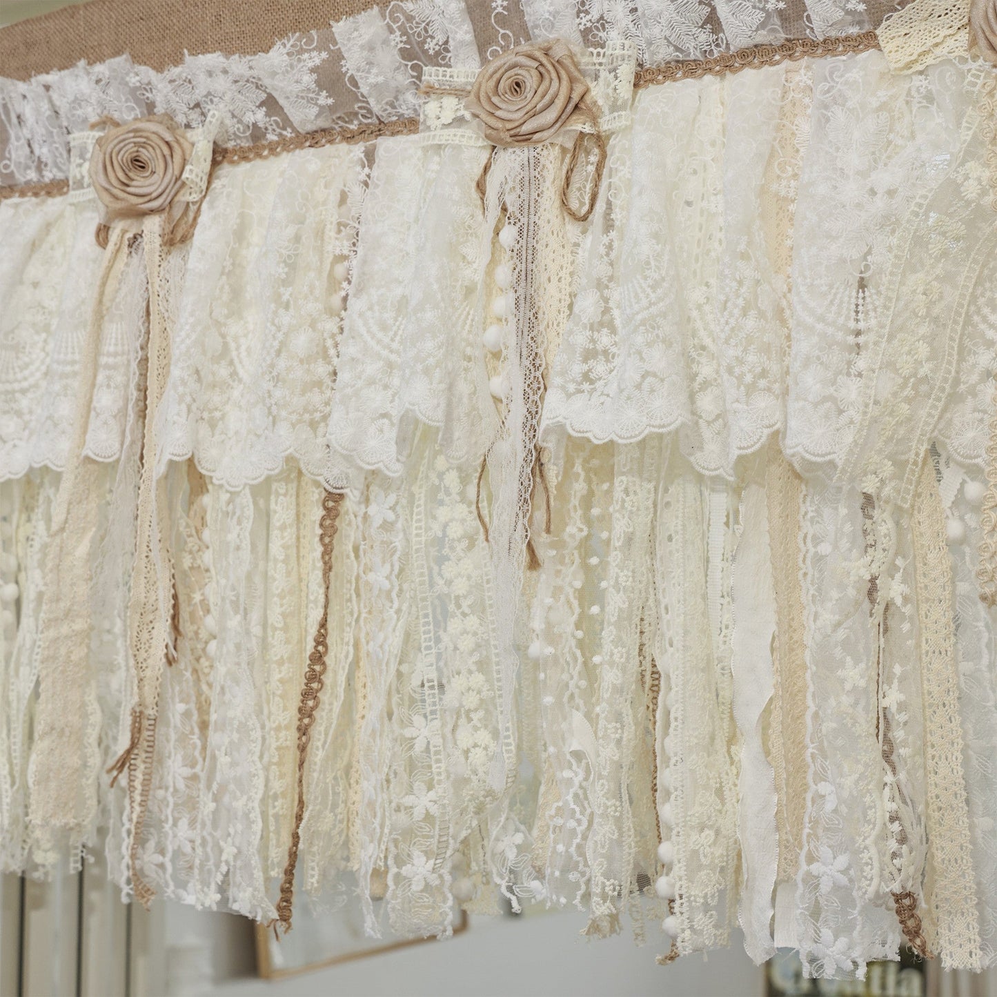 Burlap Ivory Lace Window Valance - UDreamHome