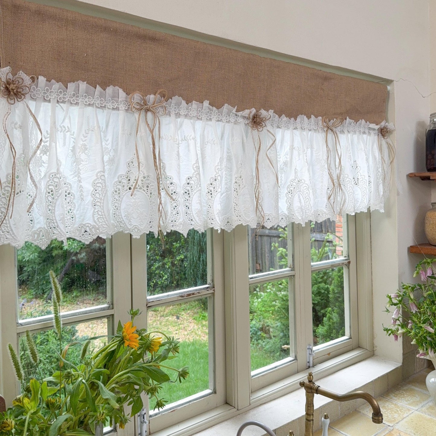 Burlap Shabby White Lace Farmhouse Kitchen Valance - UDreamHome