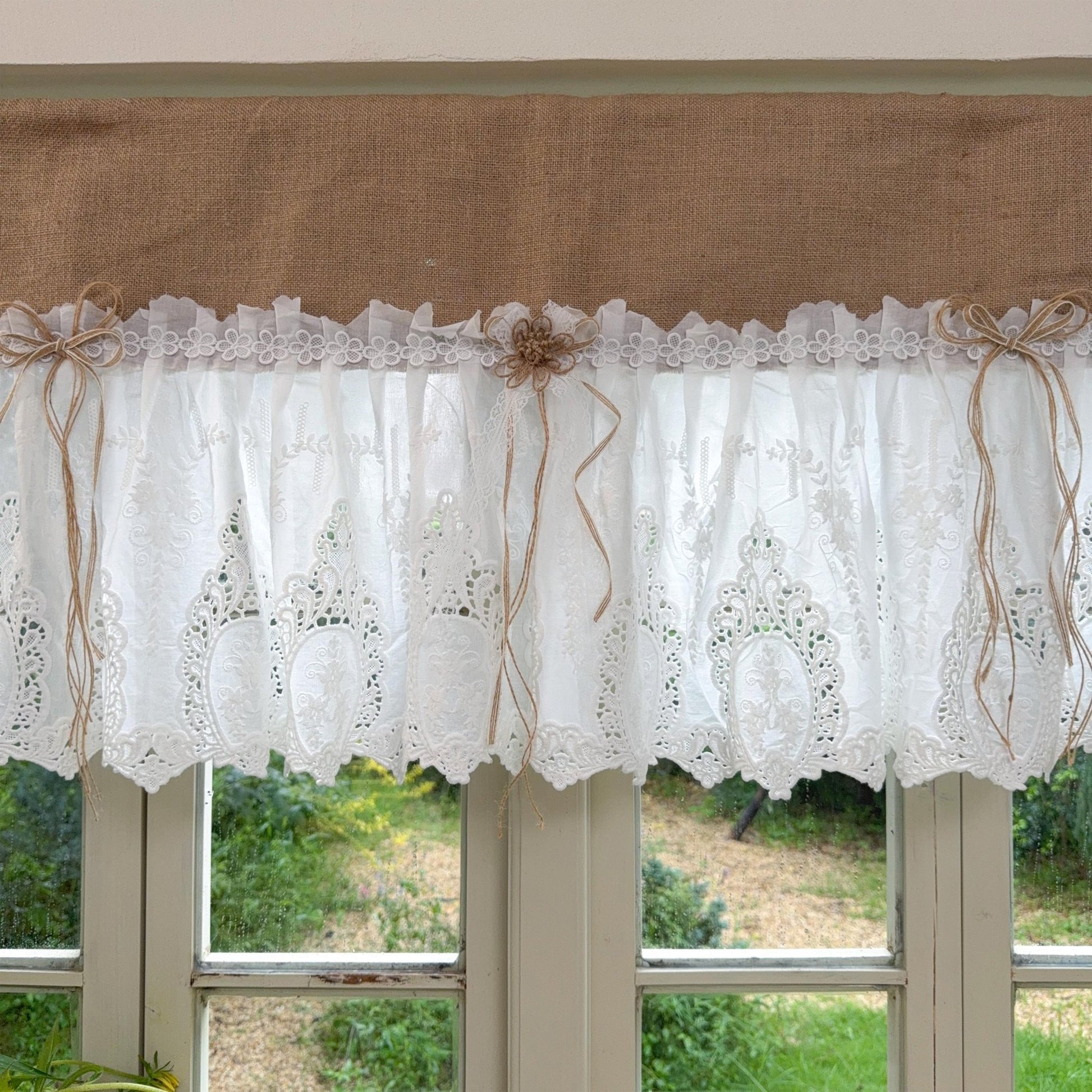 Burlap Shabby White Lace Farmhouse Kitchen Valance - UDreamHome