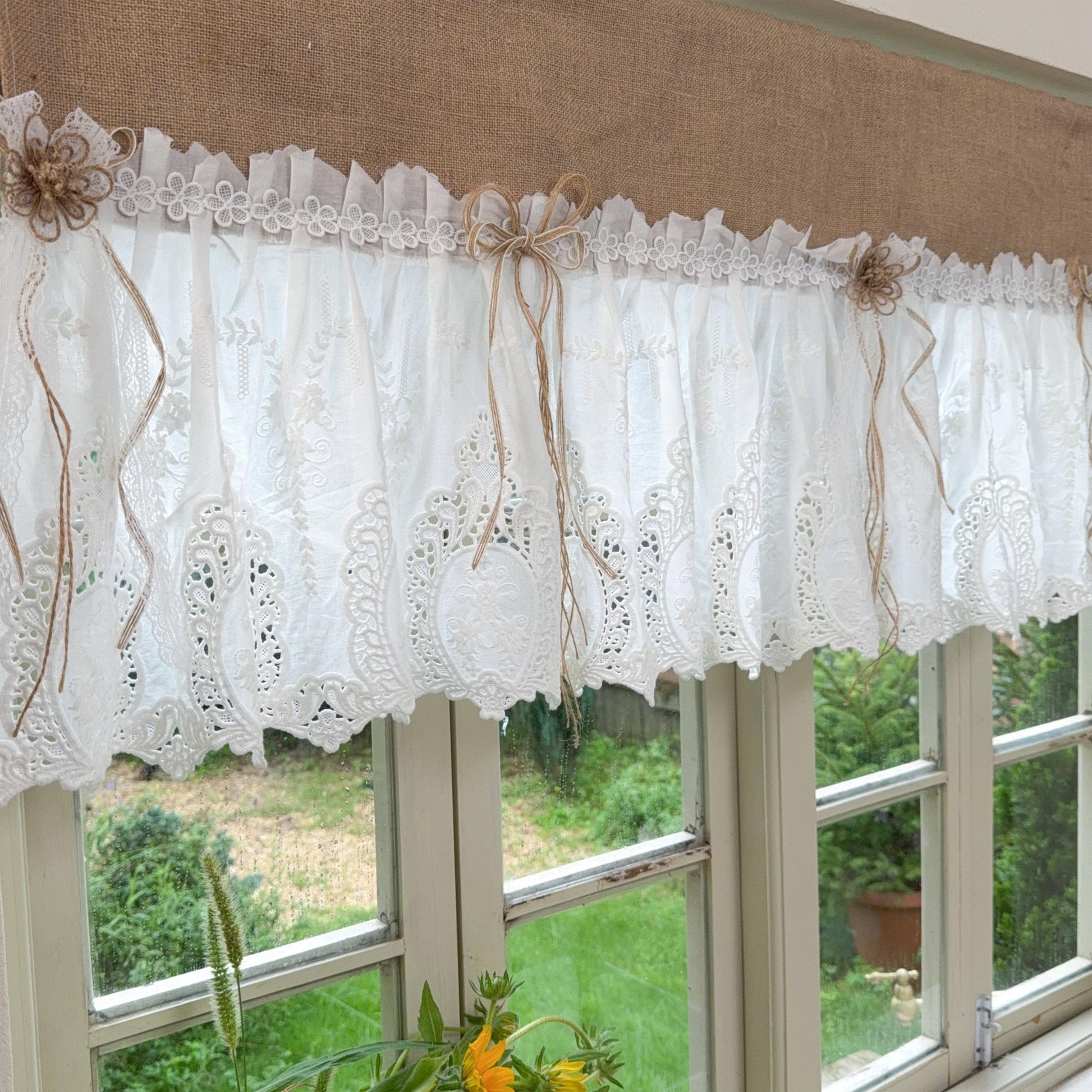 Burlap Shabby White Lace Farmhouse Kitchen Valance - UDreamHome