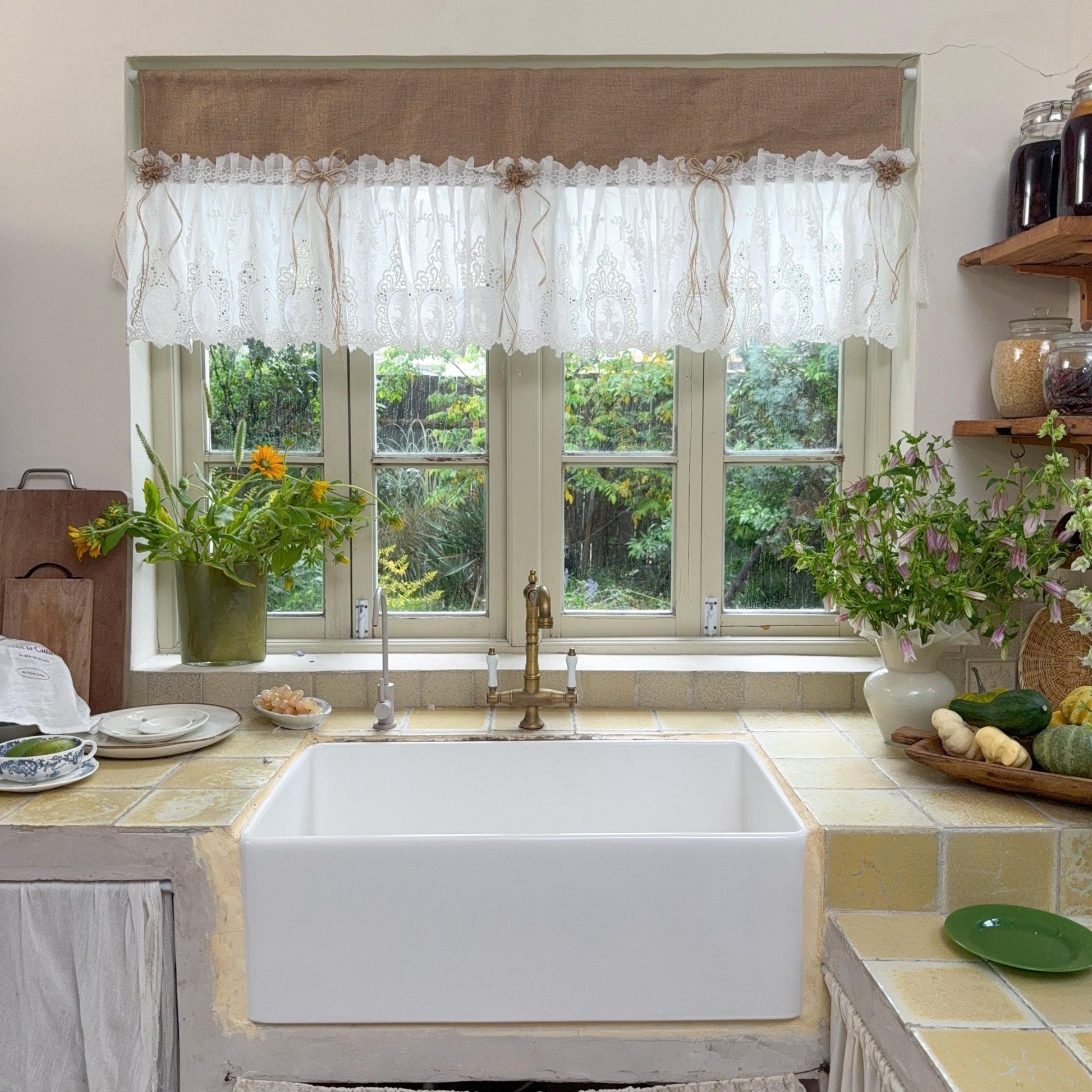 Burlap Shabby White Lace Farmhouse Kitchen Valance - UDreamHome