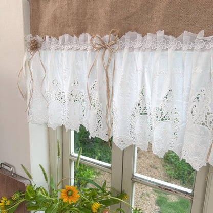 Burlap Shabby White Lace Farmhouse Kitchen Valance - UDreamHome