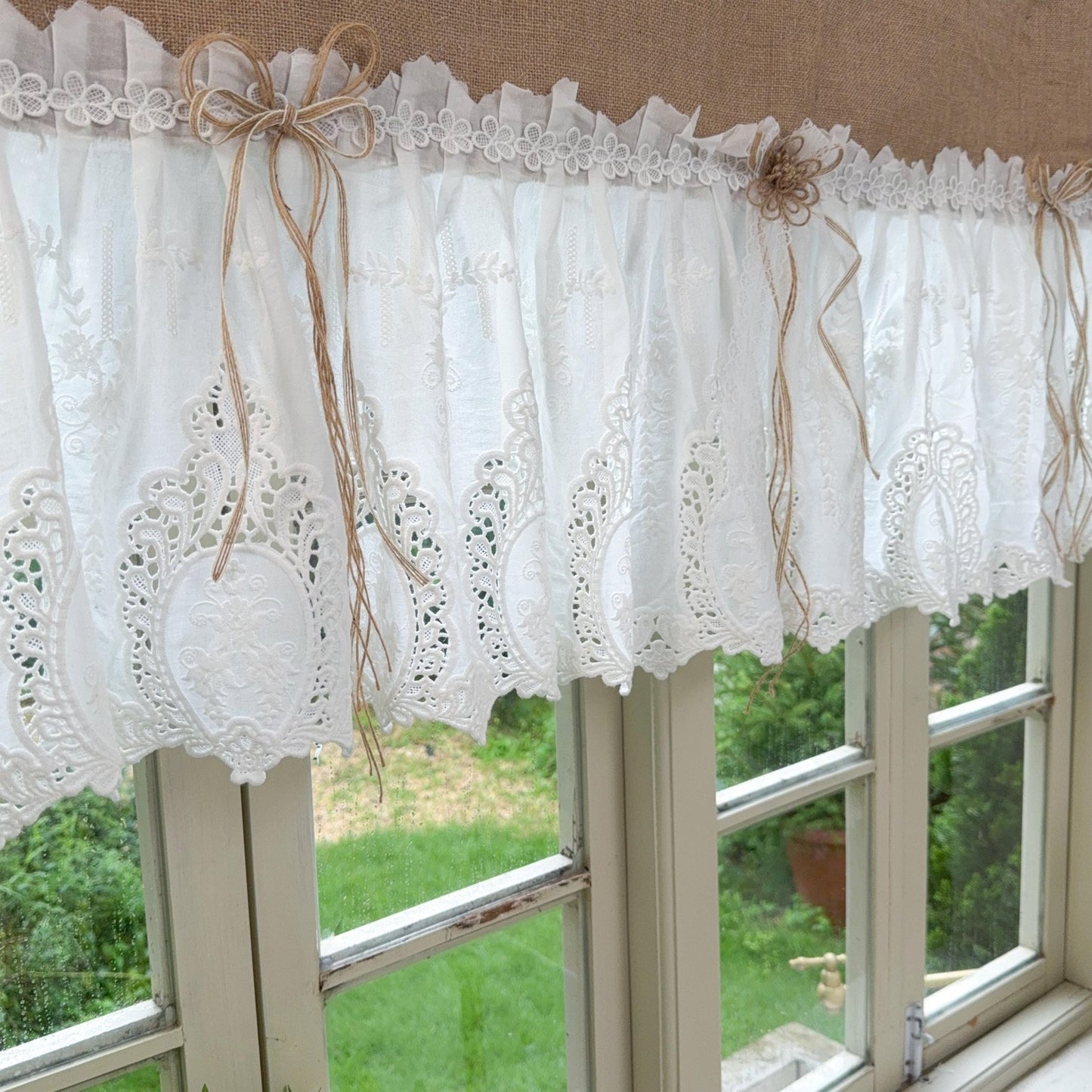 Burlap Shabby White Lace Farmhouse Kitchen Valance - UDreamHome