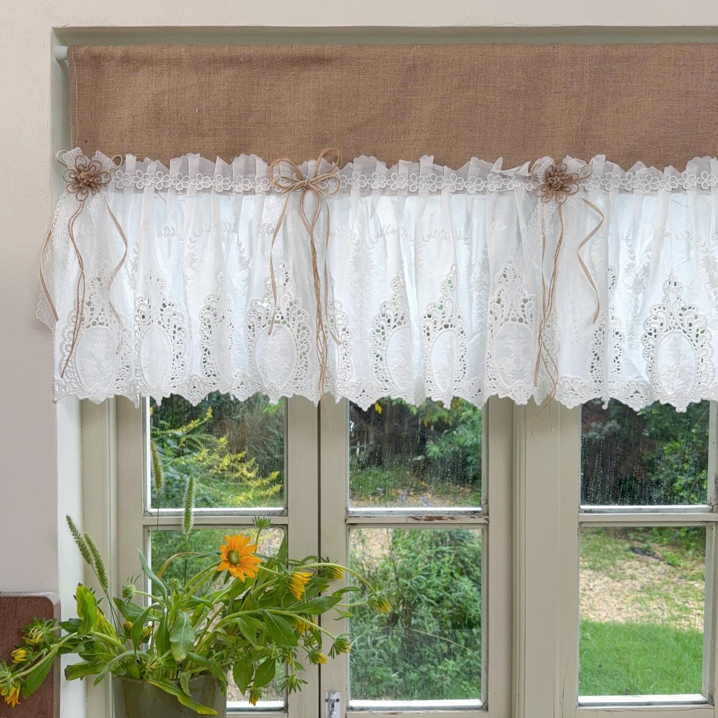 Burlap Shabby White Lace Farmhouse Kitchen Valance - UDreamHome