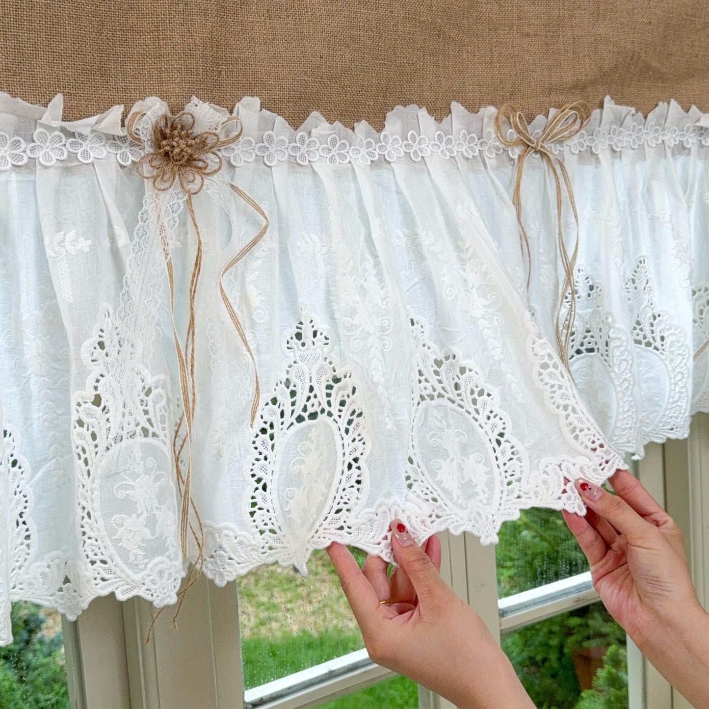 Burlap Shabby White Lace Farmhouse Kitchen Valance - UDreamHome