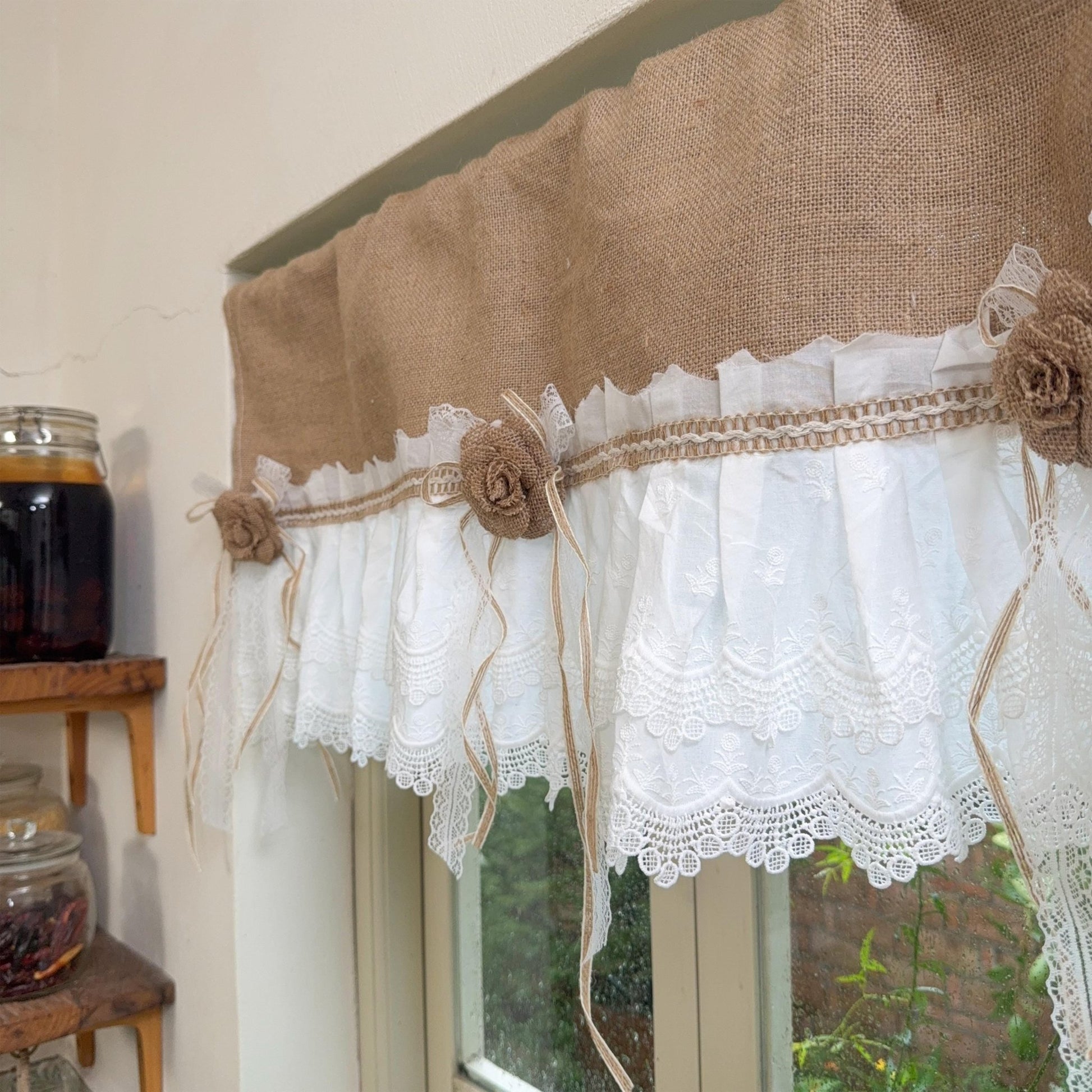 Burlap Shabby White Lace Farmhouse Valance - UDreamHome