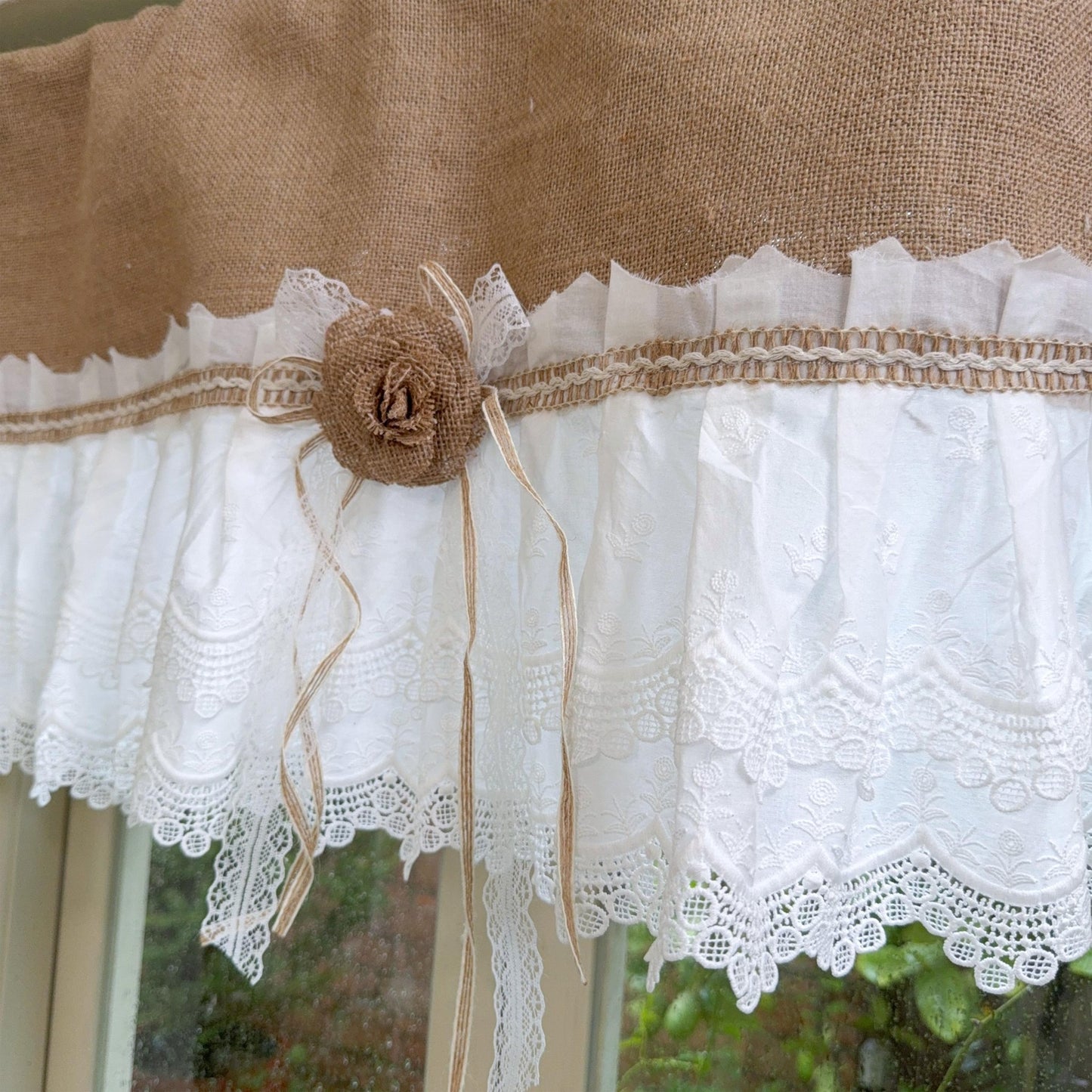 Burlap Shabby White Lace Farmhouse Valance - UDreamHome