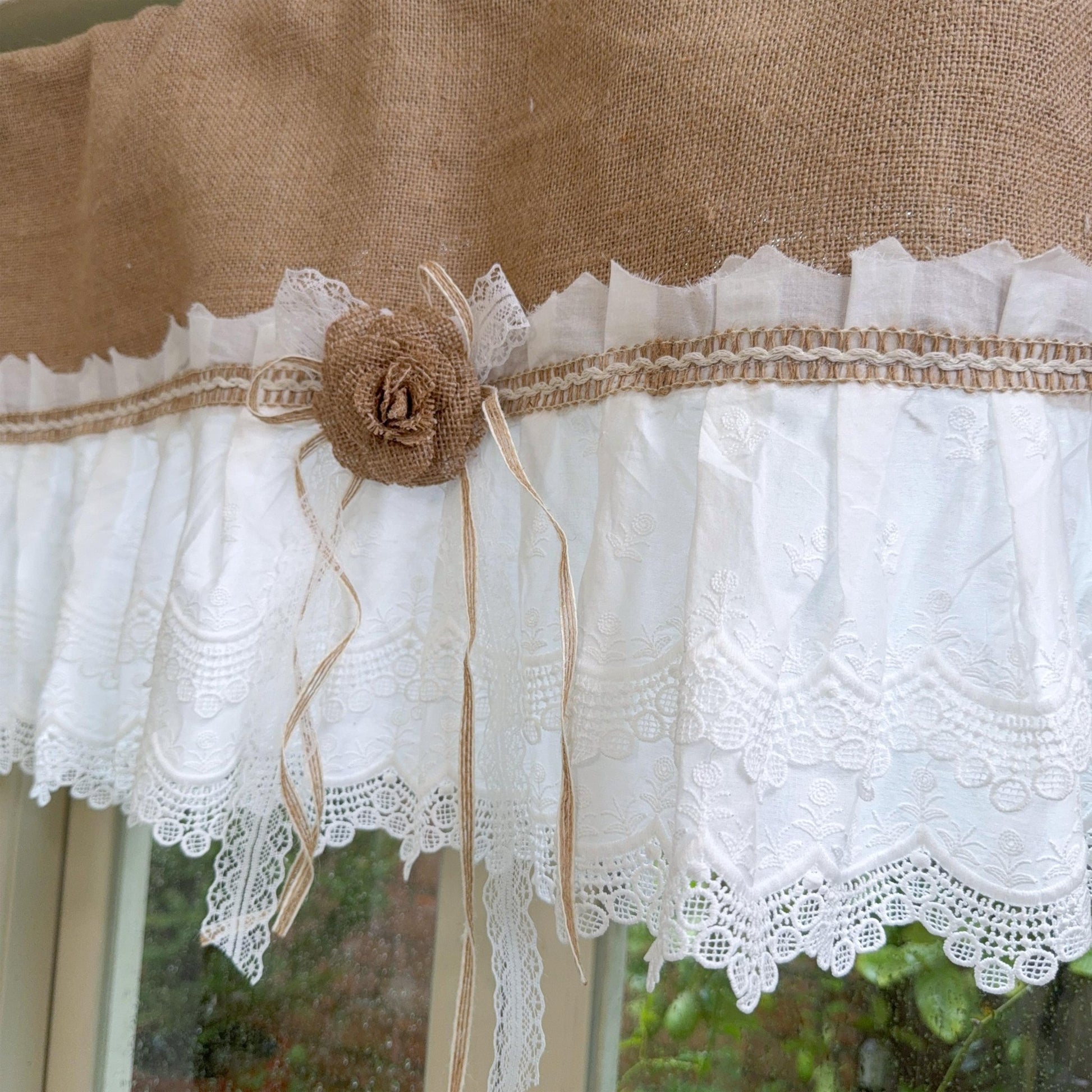 Burlap Shabby White Lace Farmhouse Valance - UDreamHome