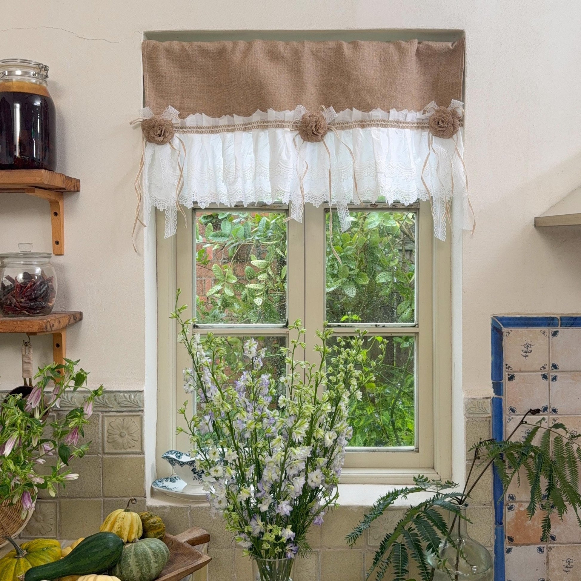 Burlap Shabby White Lace Farmhouse Valance - UDreamHome