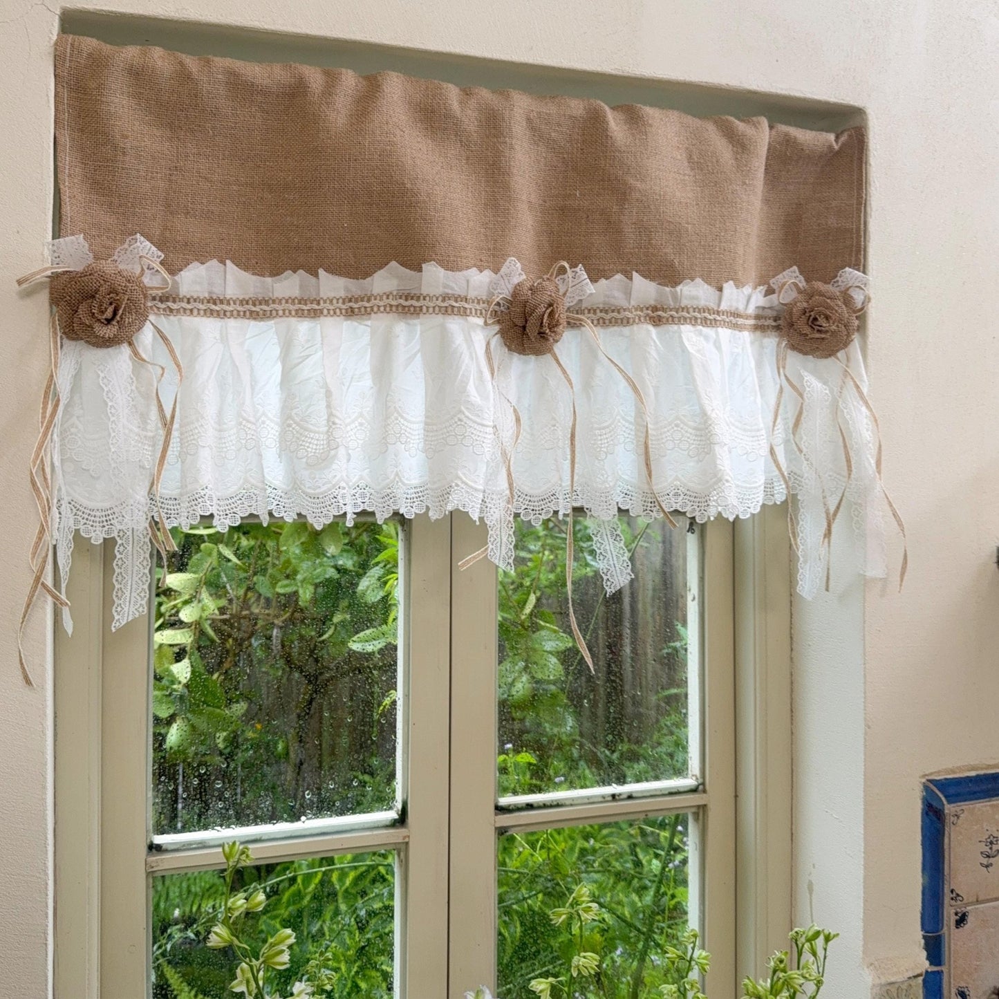 Burlap Shabby White Lace Farmhouse Valance - UDreamHome