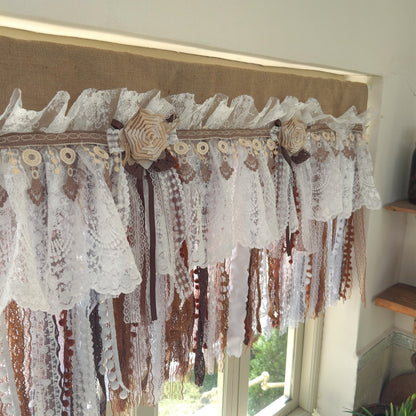 Burlap White Coffee Brown Lace Bedroom Valance - UDreamHome