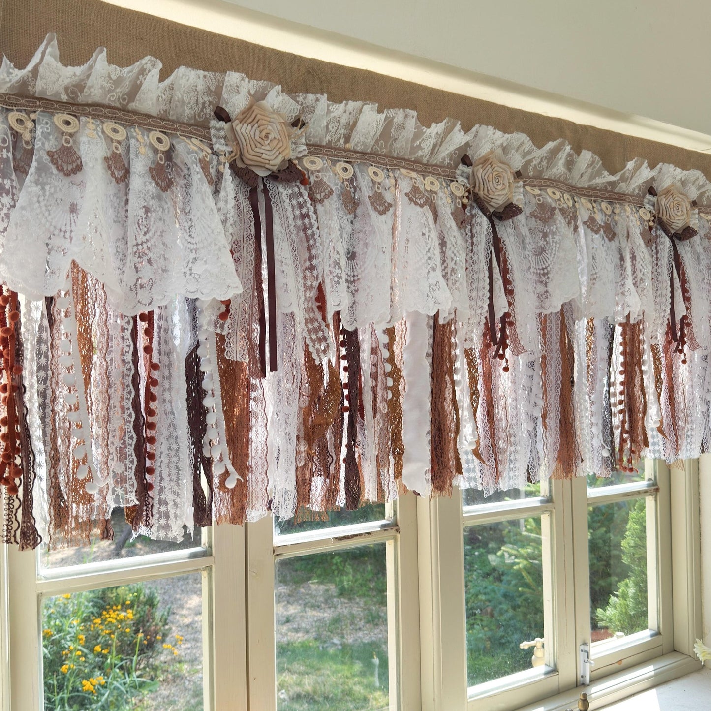 Burlap White Coffee Brown Lace Bedroom Valance - UDreamHome