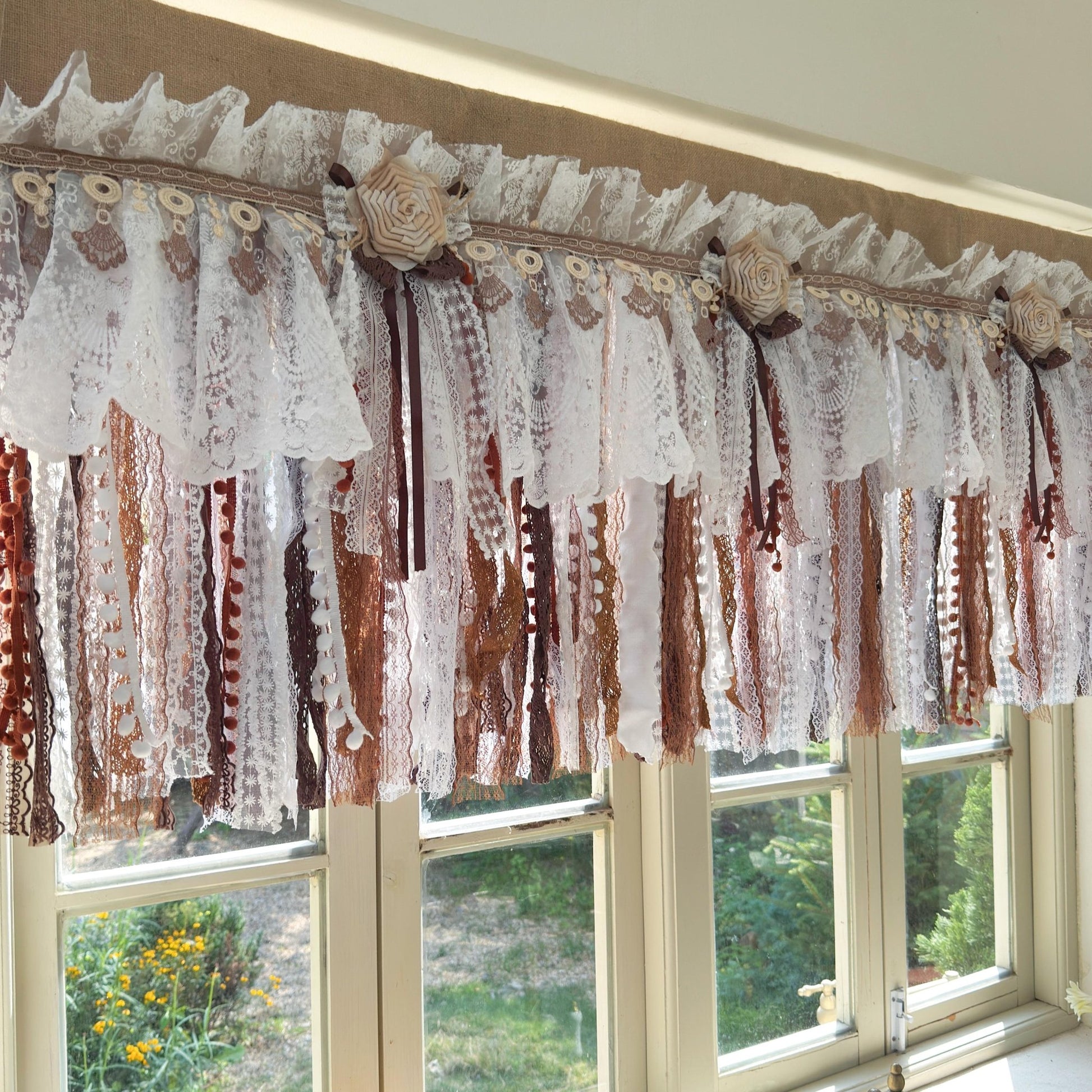 Burlap White Coffee Brown Lace Bedroom Valance - UDreamHome