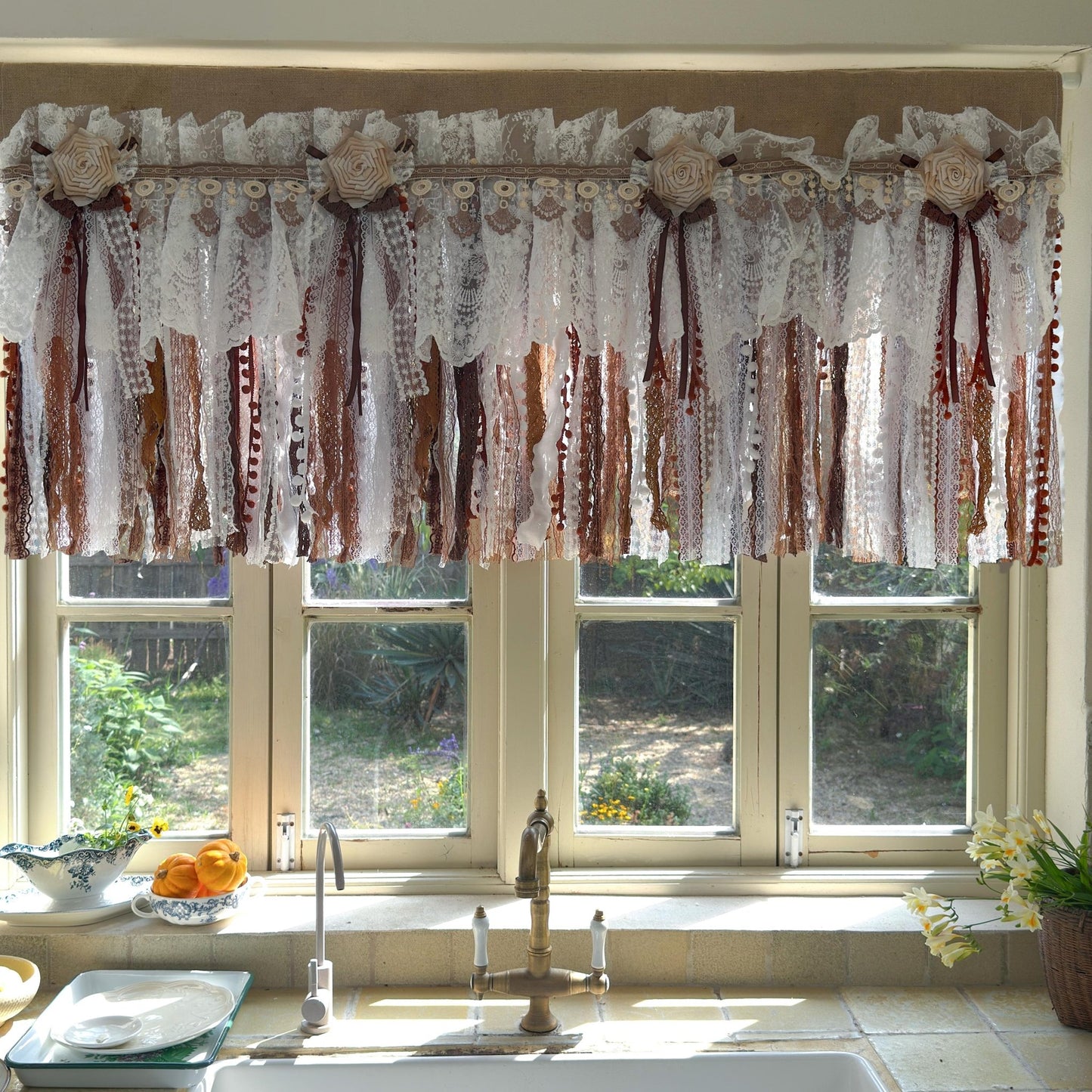 Burlap White Coffee Brown Lace Bedroom Valance - UDreamHome