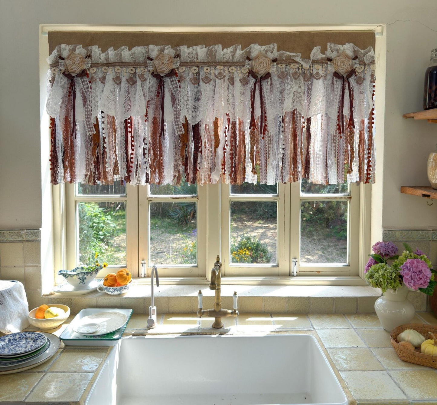 Burlap White Coffee Brown Lace Bedroom Valance - UDreamHome